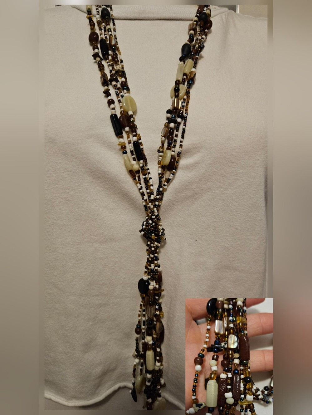 21" Brown/White Glass Beaded MultiStrand Necklace * Tassel * Bolo * Handmade